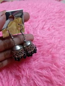 Elegant Silver Jhumka Earrings with Black Beads