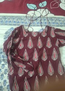 Maroon Printed Cotton Kurta tie neck