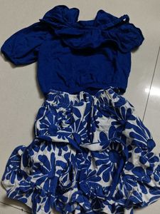 Girls Blue Floral Top & Skirt Set