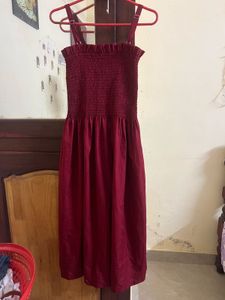 Maroon Smocked Button-Up Midi Dress