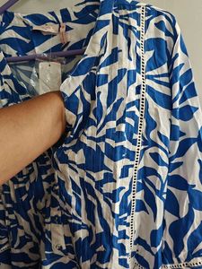 New Blue &amp; White Leaf Print Summer Dress 48 inches
