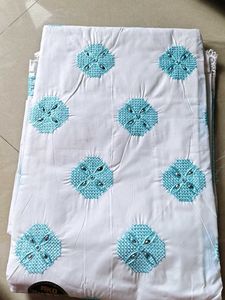 White Dress Material with Blue Embroidery