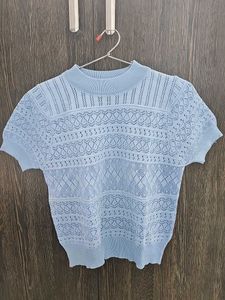 Blue Knit Mock Neck Top
