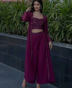 Vibrant Purple ethnic set plazzo, crop top, Size-