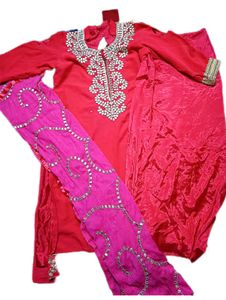 Embellished Red Kurta Set with Pink Dupatta