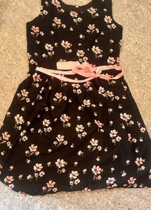 Charming Black Floral Dress with Pink Bow