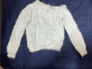 Fluffy Light Blue Off-Shoulder Sweater