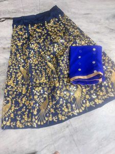 Exquisite Navy Blue Lehenga Choli with Peacock Emb