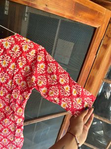 Vibrant Red &amp; White Block Print Kurta
