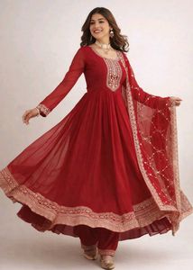 Red Embroidered Anarkali Suit