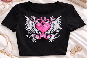 Y2K Black Crop Top with Winged Heart 💓
