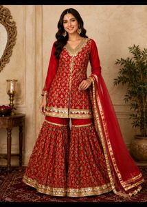 Red Embroidered Kurta Set with Sharara