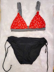 Red Floral Bikini Set with Black Bottom