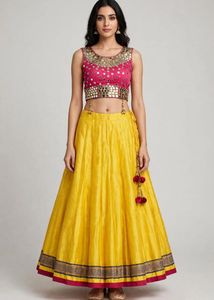 Pink and yellow silk lehenga set