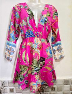 Vibrant Pink Floral Mini Dress Size S-M 32"-36"