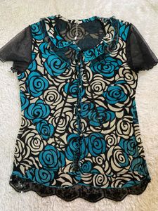 retro Stylish Floral Print Top with Sheer Sleeves