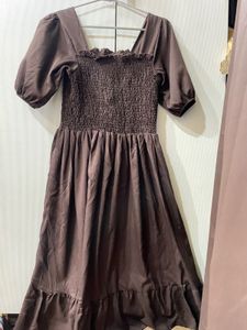 Brown Square Neck Puff Sleeve Smocked Dress