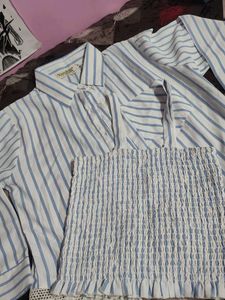 Blue Striped Smocked Top & Shirt Set