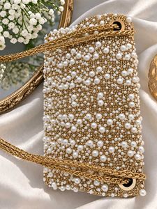Embellished Pearl & Gold Clutch Bag