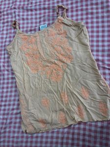 Embroidered Beige Spaghetti Strap Kurta