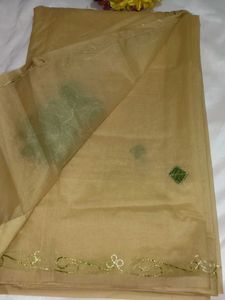 Elegant Beige Saree with Green Floral Embroidery