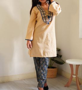 Elegant Peach Coord Set with Blue Print Pants