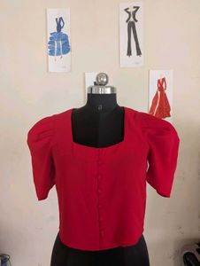 Chic Red Puff Sleeve Square Neck Top