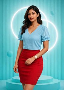 Chic Blue Puff Sleeve V-Neck Top