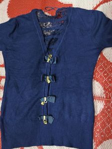 Blue V-Neck Top with Lace Detail and bell sleeves