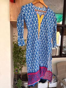 Blue &amp; White Printed Cotton Kurta