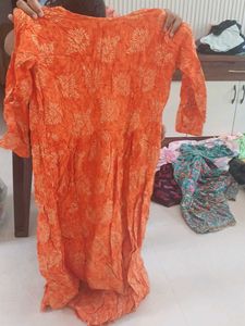 Orange Printed Kurta with Mirror Work