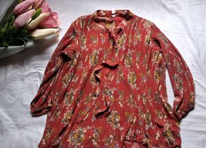 ✅️price drop ✅️Red Floral Pleated Long Sleeve Top