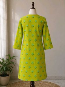 Lime Green Printed Cotton Kurti with Tassel Detail
