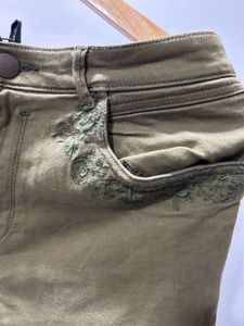 Embroidered Khaki Jeans