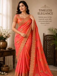 🪞Vintage Coral Paisley Embroidered Saree