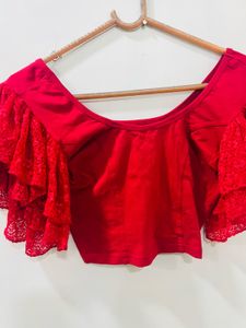 Red Lace Sleeve Blouse