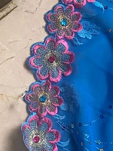 Vibrant Blue Sequined Flower Sari Fabric
