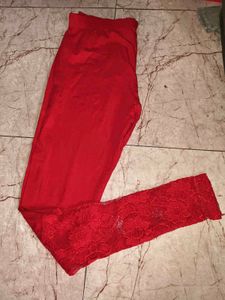 Vibrant Red Lace Trim Leggings