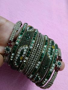 Elegant Green & Crystal Bangles Set