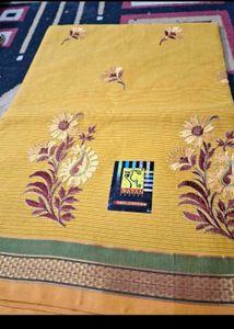 Orange Cotton Saree with Floral Embroidery