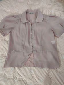 Sheer Puff Sleeve Button-Up Blouse