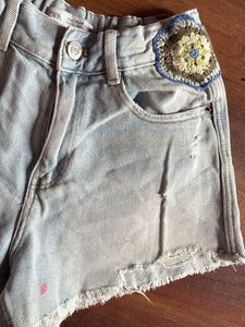 Zara Distressed Denim Shorts with Crochet Patches
