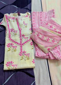 White Kurta with Pink Floral Print and Dupatta