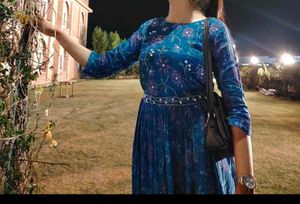 Blue Floral Print Ethnic Gown