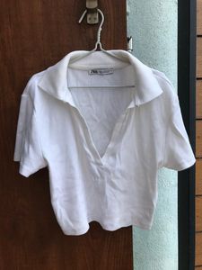 White Collared V-Neck Crop Top