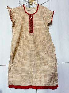 Elegant Beige Kurta with Red Embellishments