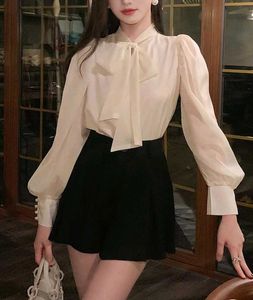Korean Pinterest Elegant White Bow Neck Blouse