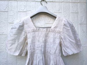 Korean Pinterest White Smocked Puff Sleeve Top