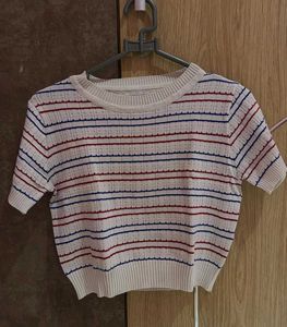 Korean Striped Cropped Knit Top