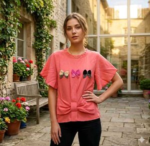 Coral Bow Detail Flutter Sleeve Top